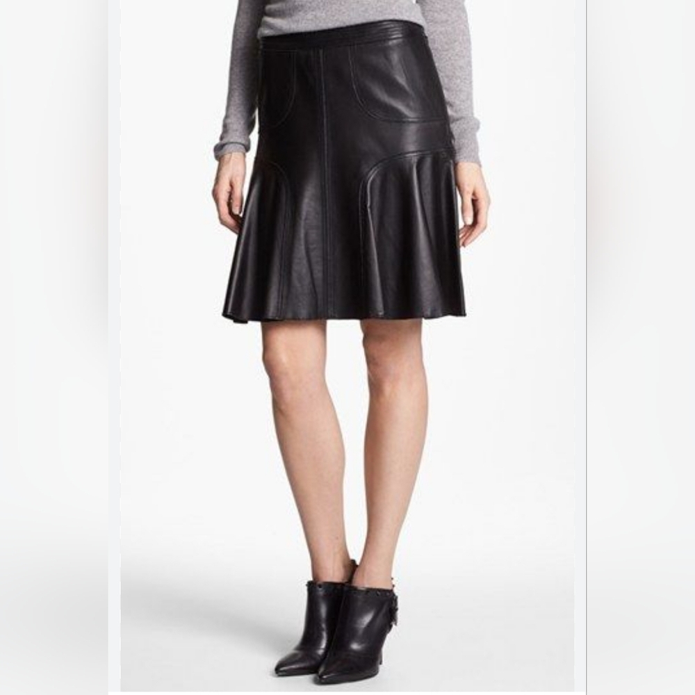 Halogen Black Lamb Skin Leather A-line‎ Skirt with Cute Stitching